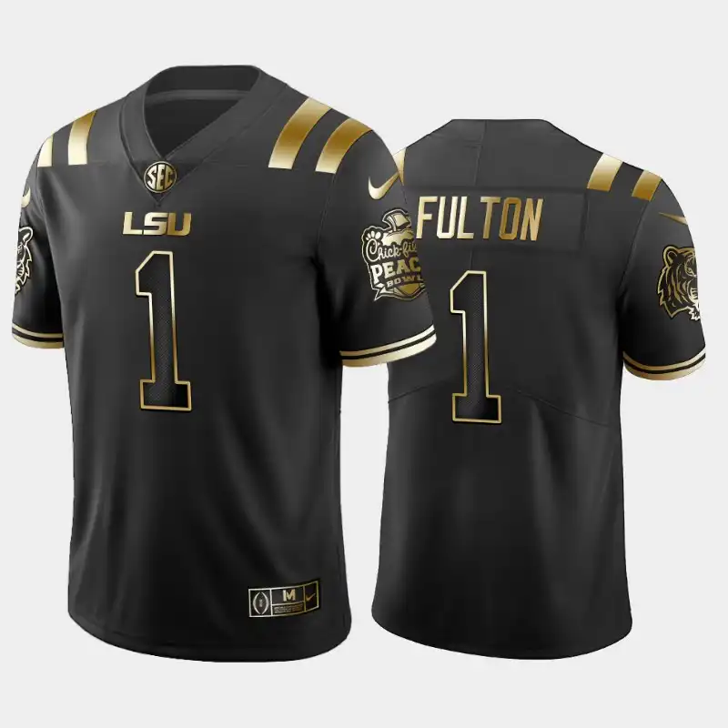 Men's LSU Tigers Kristian Fulton #1 2019-20 Black Peach Bowl Champions Golden Edition NCAA Football Jersey